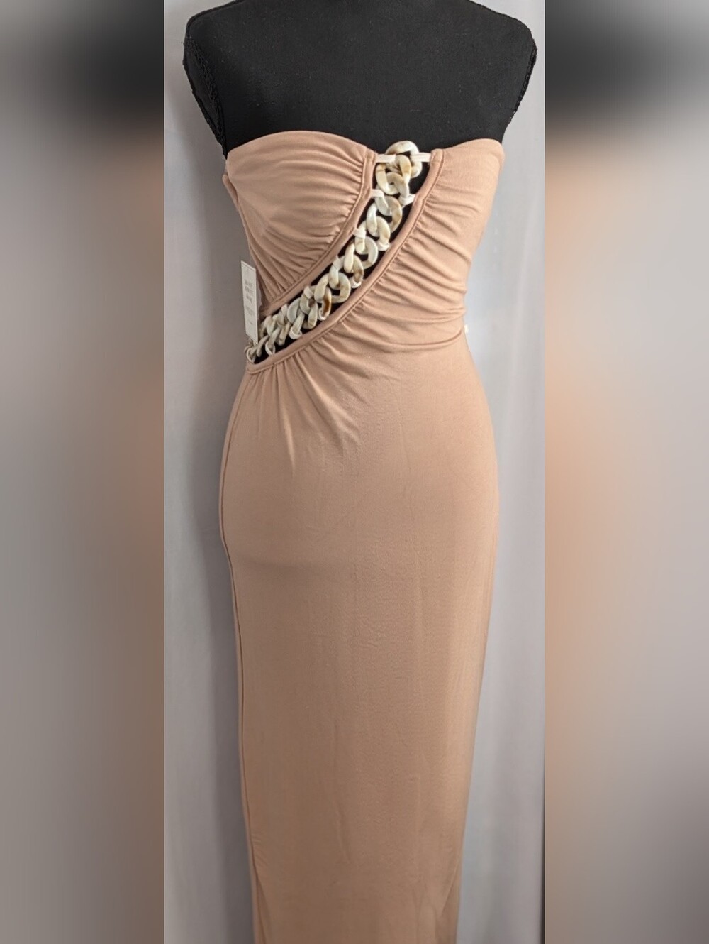 LUXLABEL NWT Strapless Chain Cutout Maxi Dress Beige Nude Resin Chain Size S
